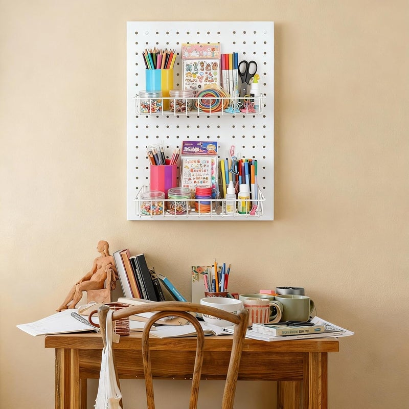 G.CORE Large Peg Board Baskets - 2 Pack Metal Shallow Tray Shelves for 1/4 Pegboards - Spray Bottle Holders Can Organizers for Garage Workbench Shop Hobby Craft Tool Organization (White) - Image 2